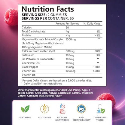 Yalvive Magnesium Glycinate Gummies 1000mg - Zuckerfrei mit Malat, Calcium, Kalium, CoQ10, Vitamin B6 & D3 - 120 Stück - Unterstützt Schlaf, Muskeln, Knochen, Gedächtnis & Konzentration
