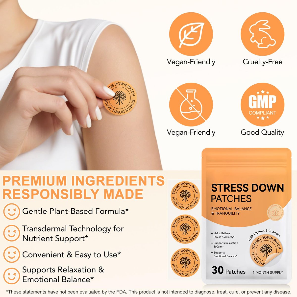 ROWKDRKB Stress Down Patches – Stress- und Angstreduktion, Cortisol-Unterstützung für Frauen und Männer, pflanzliche Formel – 30 Patches