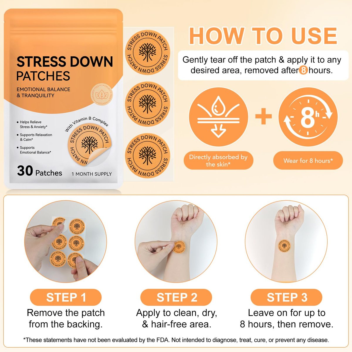 ROWKDRKB Stress Down Patches – Stress- und Angstreduktion, Cortisol-Unterstützung für Frauen und Männer, pflanzliche Formel – 30 Patches