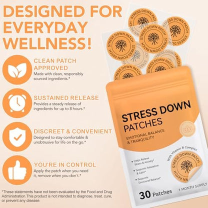 ROWKDRKB Stress Down Patches – Stress- und Angstreduktion, Cortisol-Unterstützung für Frauen und Männer, pflanzliche Formel – 30 Patches