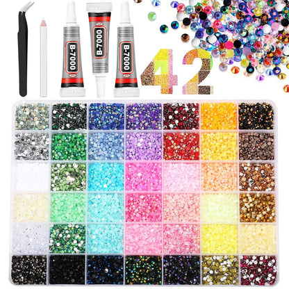 Ayzololo 42 Farben Harz Jelly Strasssteine zum Besetzen, 3mm 32000 Stück Flachrücken-Strasssteine Besetzer-Kit mit 3 Stück 10ml B7000 Kleber, Pinzette & Aufnahmestift für Nagelkunst, DIY-Basteln, Handyhüllen