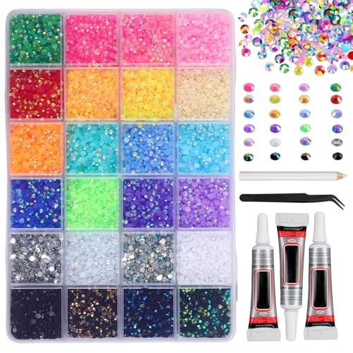 32000 Stücke Harz Jelly Rhinestones zum Bedazzling, 3mm Multicolor Flachrückseite Strass DIY Harz Strass Kit mit 3 Stück B7000 Schmuckkleber, für Diamantkunst, Nagelkunst & Basteln