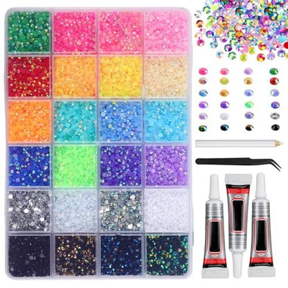 32000 Stücke Harz Jelly Rhinestones zum Bedazzling, 3mm Multicolor Flachrückseite Strass DIY Harz Strass Kit mit 3 Stück B7000 Schmuckkleber, für Diamantkunst, Nagelkunst & Basteln
