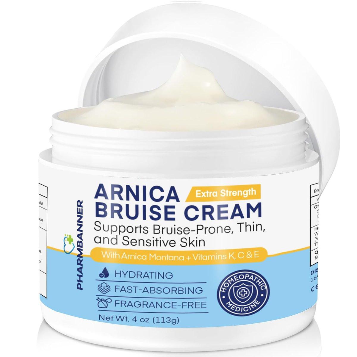 PHARMBANNER Arnica Bruise Cream Extra Strength – Schnell wirkende Arnika-Creme mit Vitamin K, C & E gegen Blutergüsse, Schwellungen, Verfärbungen und dünne Haut – Feuchtigkeitsspendende Creme für Gesicht und Körper – 118 ml