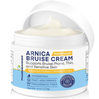 PHARMBANNER Arnica Bruise Cream Extra Strength – Schnell wirkende Arnika-Creme mit Vitamin K, C & E gegen Blutergüsse, Schwellungen, Verfärbungen und dünne Haut – Feuchtigkeitsspendende Creme für Gesicht und Körper – 118 ml