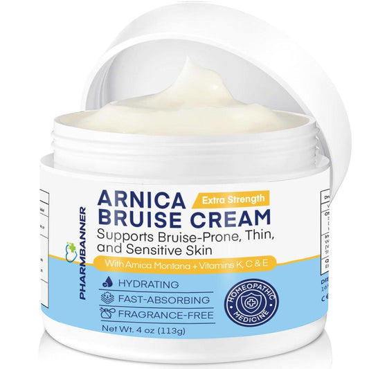 PHARMBANNER Arnica Bruise Cream Extra Strength – Schnell wirkende Arnika-Creme mit Vitamin K, C & E gegen Blutergüsse, Schwellungen, Verfärbungen und dünne Haut – Feuchtigkeitsspendende Creme für Gesicht und Körper – 118 ml