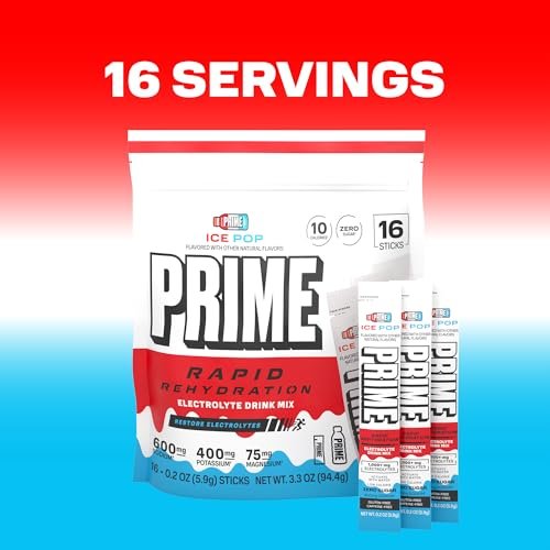 Prime Rapid Rehydration Electrolyte Powder Sticks – Zuckerfreies Hydrationsgetränk mit Natrium, Kalium, Magnesium & B-Vitaminen – Ice Pop Geschmack – 16 Portionen