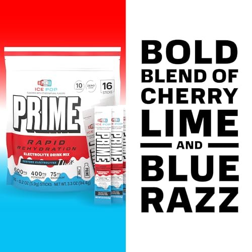 Prime Rapid Rehydration Electrolyte Powder Sticks – Zuckerfreies Hydrationsgetränk mit Natrium, Kalium, Magnesium & B-Vitaminen – Ice Pop Geschmack – 16 Portionen