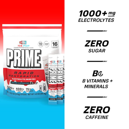 Prime Rapid Rehydration Electrolyte Powder Sticks – Zuckerfreies Hydrationsgetränk mit Natrium, Kalium, Magnesium & B-Vitaminen – Ice Pop Geschmack – 16 Portionen