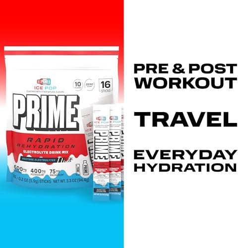 Prime Rapid Rehydration Electrolyte Powder Sticks – Zuckerfreies Hydrationsgetränk mit Natrium, Kalium, Magnesium & B-Vitaminen – Ice Pop Geschmack – 16 Portionen