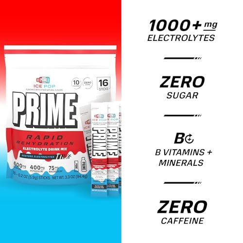 Prime Rapid Rehydration Electrolyte Powder Sticks – Zuckerfreies Hydrationsgetränk mit Natrium, Kalium, Magnesium & B-Vitaminen – Ice Pop Geschmack – 16 Portionen