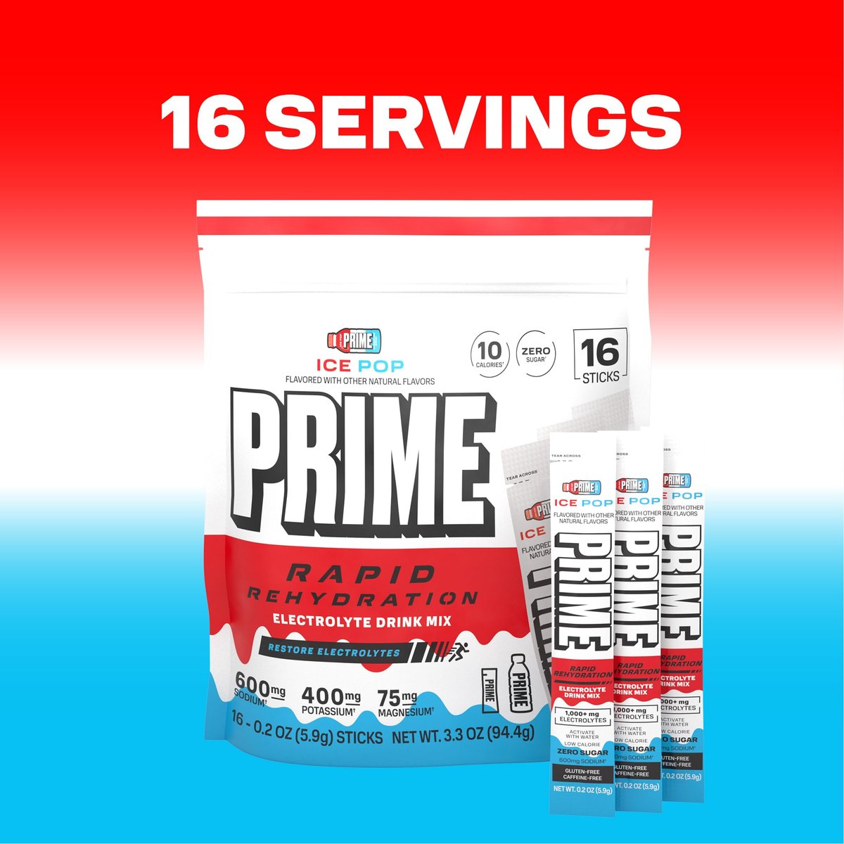 Prime Rapid Rehydration Electrolyte Powder Sticks – Zuckerfreies Hydrationsgetränk mit Natrium, Kalium, Magnesium & B-Vitaminen – Ice Pop Geschmack – 16 Portionen