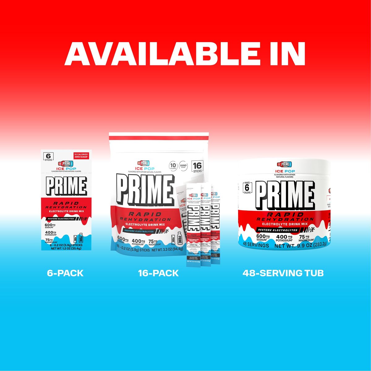 Prime Rapid Rehydration Electrolyte Powder Sticks – Zuckerfreies Hydrationsgetränk mit Natrium, Kalium, Magnesium & B-Vitaminen – Ice Pop Geschmack – 16 Portionen