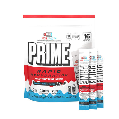 Prime Rapid Rehydration Electrolyte Powder Sticks – Zuckerfreies Hydrationsgetränk mit Natrium, Kalium, Magnesium & B-Vitaminen – Ice Pop Geschmack – 16 Portionen