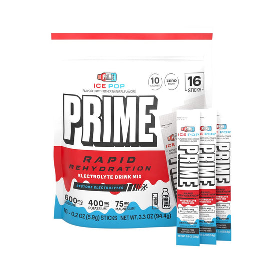 Prime Rapid Rehydration Electrolyte Powder Sticks – Zuckerfreies Hydrationsgetränk mit Natrium, Kalium, Magnesium & B-Vitaminen – Ice Pop Geschmack – 16 Portionen