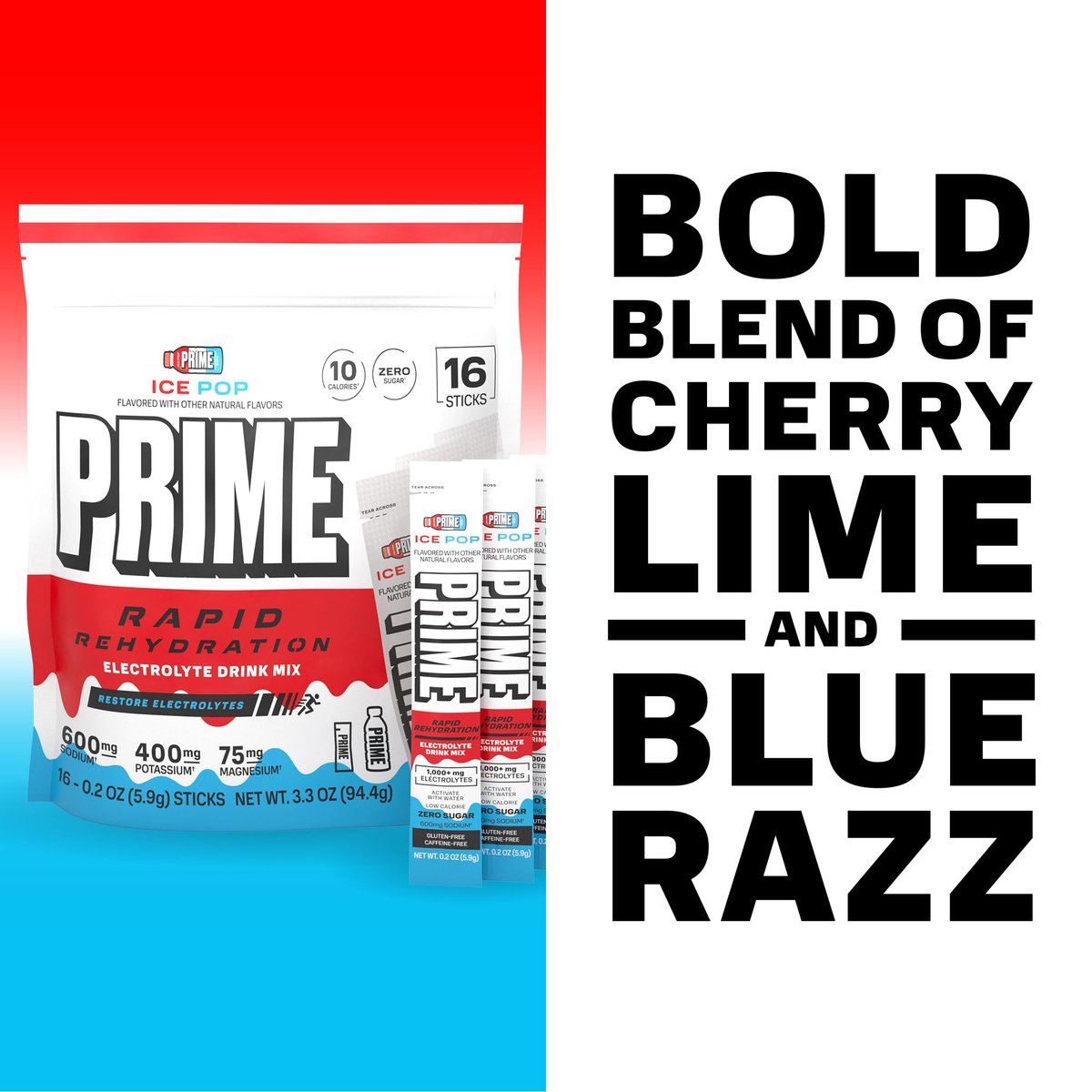 Prime Rapid Rehydration Electrolyte Powder Sticks – Zuckerfreies Hydrationsgetränk mit Natrium, Kalium, Magnesium & B-Vitaminen – Ice Pop Geschmack – 16 Portionen