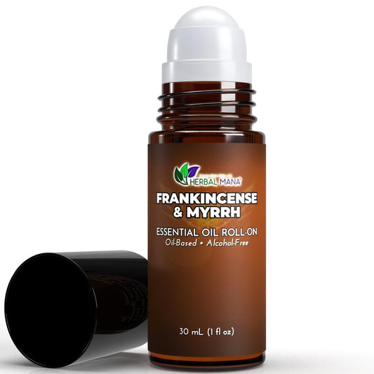 Weihrauch & Myrrhe Ätherisches Öl Roll-On, 30 ml (1 fl oz) – Verdünntes Aromatherapie-Rollerball in fraktioniertem Kokosöl (FCO) – Alkoholfreier Puls-Punkt-Ölroller