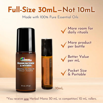 Weihrauch & Myrrhe Ätherisches Öl Roll-On, 30 ml (1 fl oz) – Verdünntes Aromatherapie-Rollerball in fraktioniertem Kokosöl (FCO) – Alkoholfreier Puls-Punkt-Ölroller