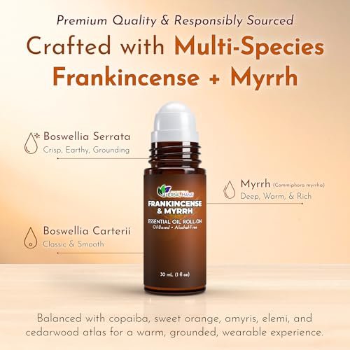 Weihrauch & Myrrhe Ätherisches Öl Roll-On, 30 ml (1 fl oz) – Verdünntes Aromatherapie-Rollerball in fraktioniertem Kokosöl (FCO) – Alkoholfreier Puls-Punkt-Ölroller