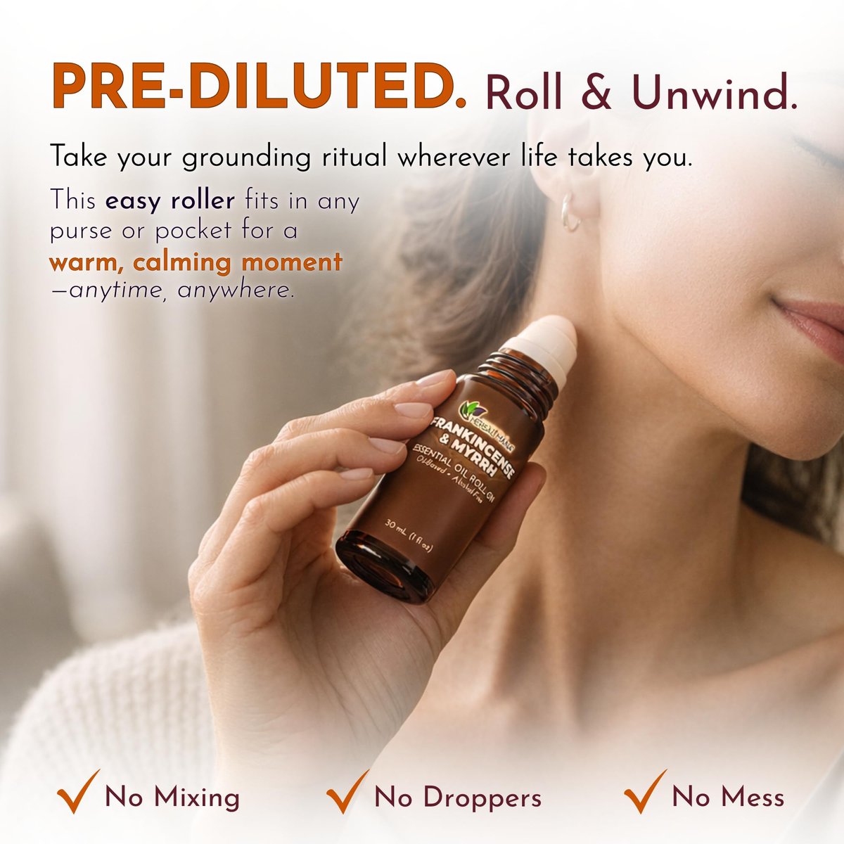 Weihrauch & Myrrhe Ätherisches Öl Roll-On, 30 ml (1 fl oz) – Verdünntes Aromatherapie-Rollerball in fraktioniertem Kokosöl (FCO) – Alkoholfreier Puls-Punkt-Ölroller
