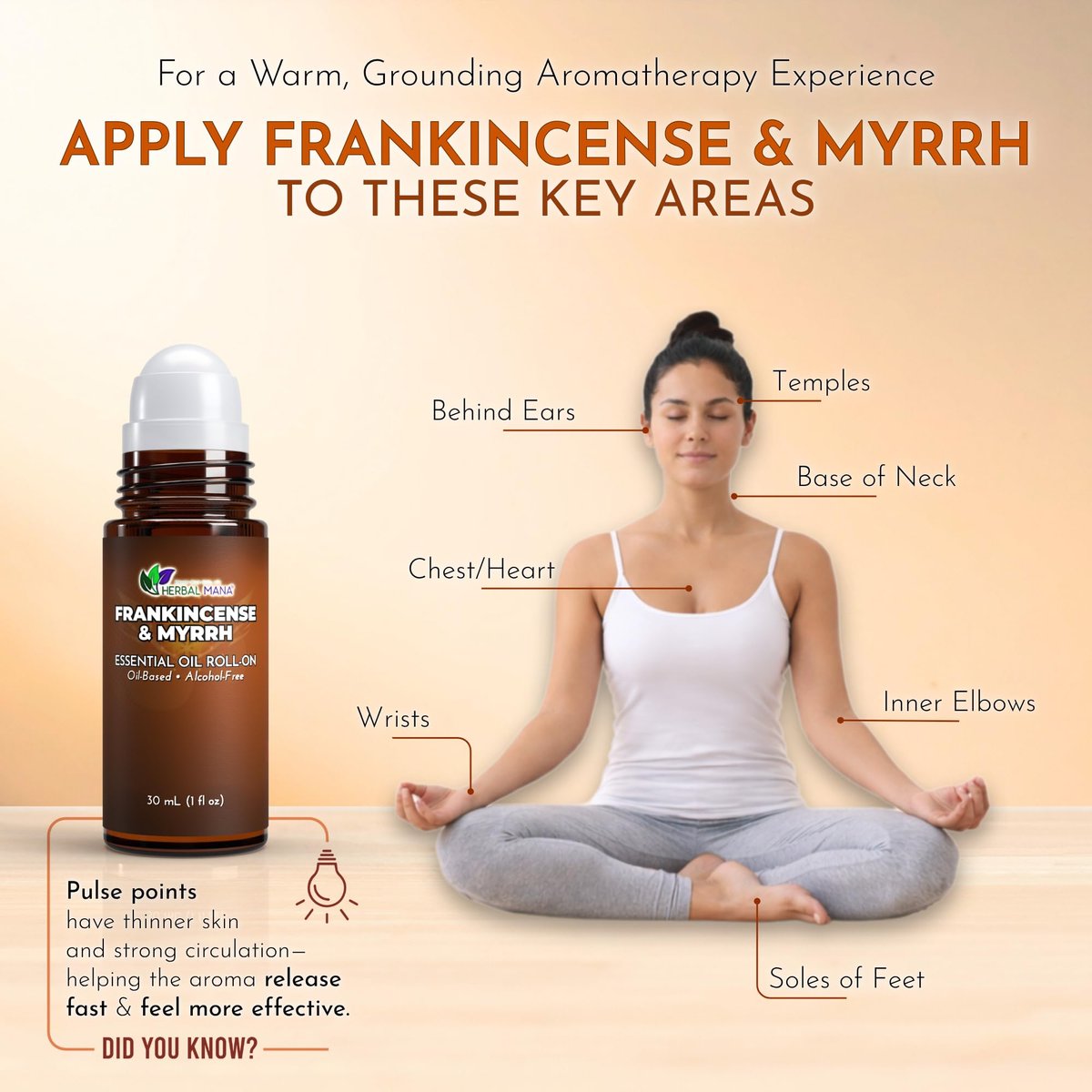 Weihrauch & Myrrhe Ätherisches Öl Roll-On, 30 ml (1 fl oz) – Verdünntes Aromatherapie-Rollerball in fraktioniertem Kokosöl (FCO) – Alkoholfreier Puls-Punkt-Ölroller
