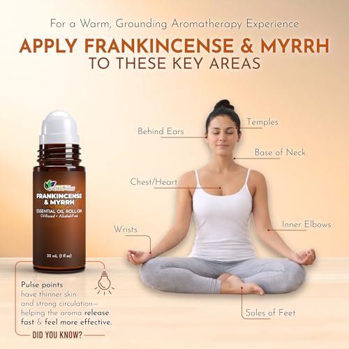 Weihrauch & Myrrhe Ätherisches Öl Roll-On, 30 ml (1 fl oz) – Verdünntes Aromatherapie-Rollerball in fraktioniertem Kokosöl (FCO) – Alkoholfreier Puls-Punkt-Ölroller