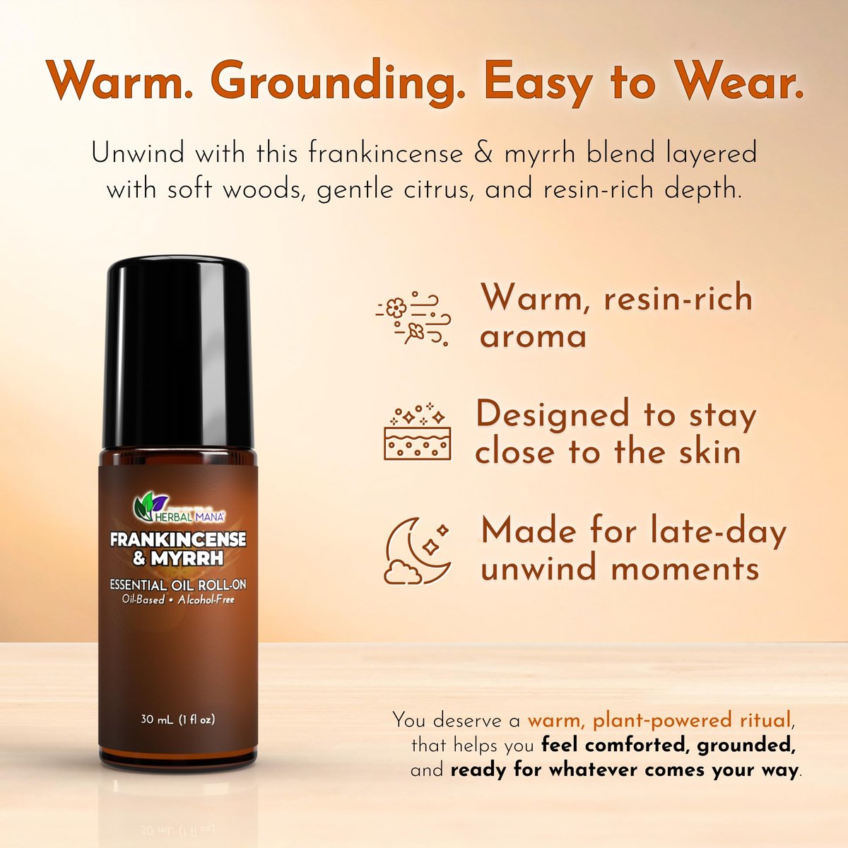 Weihrauch & Myrrhe Ätherisches Öl Roll-On, 30 ml (1 fl oz) – Verdünntes Aromatherapie-Rollerball in fraktioniertem Kokosöl (FCO) – Alkoholfreier Puls-Punkt-Ölroller