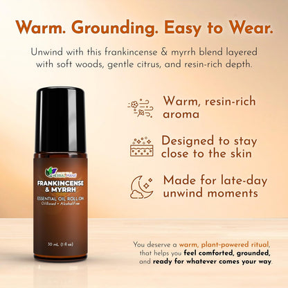 Weihrauch & Myrrhe Ätherisches Öl Roll-On, 30 ml (1 fl oz) – Verdünntes Aromatherapie-Rollerball in fraktioniertem Kokosöl (FCO) – Alkoholfreier Puls-Punkt-Ölroller