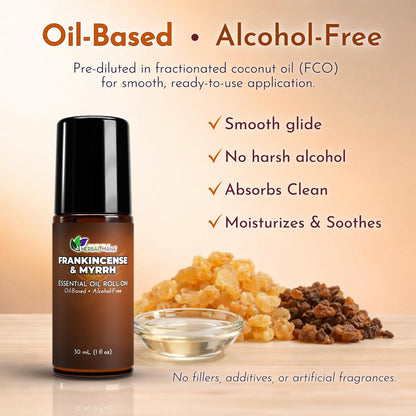 Weihrauch & Myrrhe Ätherisches Öl Roll-On, 30 ml (1 fl oz) – Verdünntes Aromatherapie-Rollerball in fraktioniertem Kokosöl (FCO) – Alkoholfreier Puls-Punkt-Ölroller