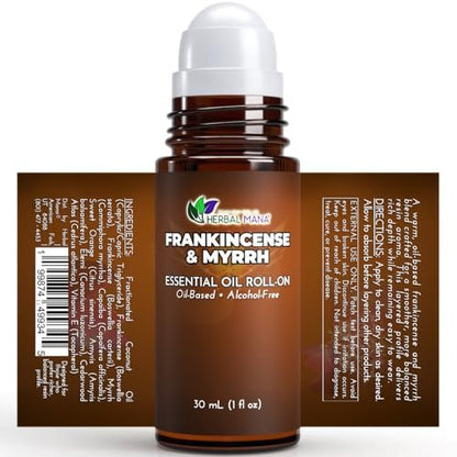 Weihrauch & Myrrhe Ätherisches Öl Roll-On, 30 ml (1 fl oz) – Verdünntes Aromatherapie-Rollerball in fraktioniertem Kokosöl (FCO) – Alkoholfreier Puls-Punkt-Ölroller