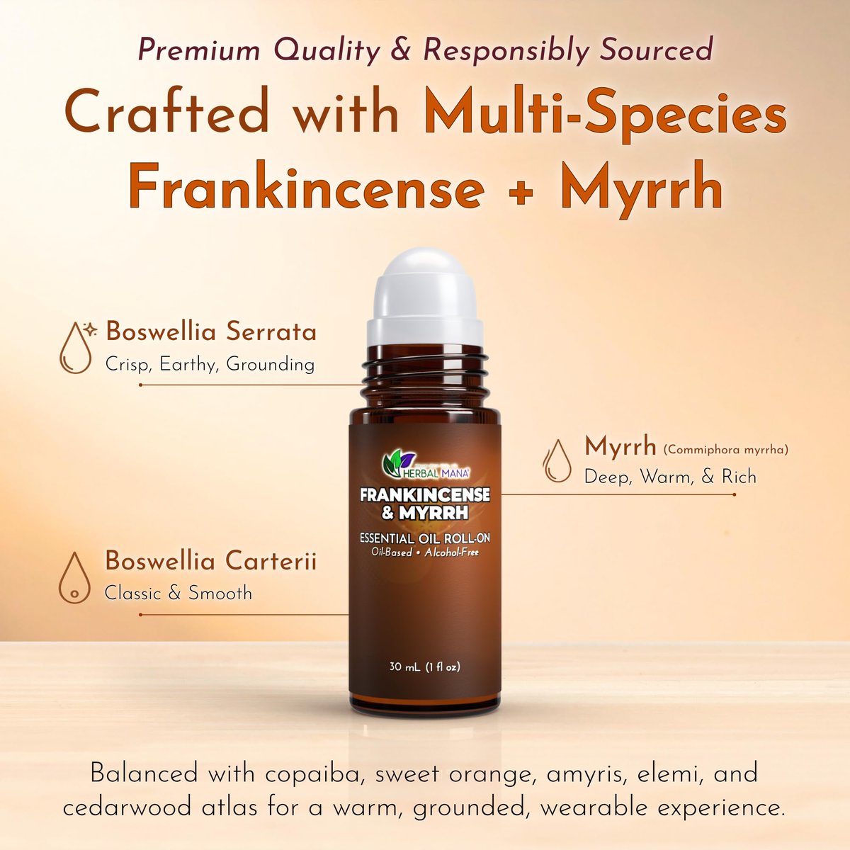 Weihrauch & Myrrhe Ätherisches Öl Roll-On, 30 ml (1 fl oz) – Verdünntes Aromatherapie-Rollerball in fraktioniertem Kokosöl (FCO) – Alkoholfreier Puls-Punkt-Ölroller