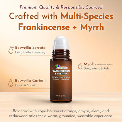 Weihrauch & Myrrhe Ätherisches Öl Roll-On, 30 ml (1 fl oz) – Verdünntes Aromatherapie-Rollerball in fraktioniertem Kokosöl (FCO) – Alkoholfreier Puls-Punkt-Ölroller
