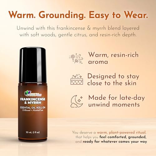 Weihrauch & Myrrhe Ätherisches Öl Roll-On, 30 ml (1 fl oz) – Verdünntes Aromatherapie-Rollerball in fraktioniertem Kokosöl (FCO) – Alkoholfreier Puls-Punkt-Ölroller