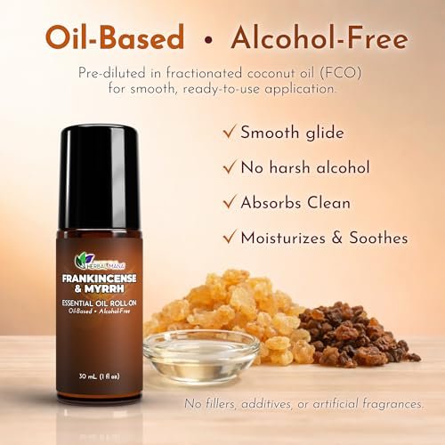 Weihrauch & Myrrhe Ätherisches Öl Roll-On, 30 ml (1 fl oz) – Verdünntes Aromatherapie-Rollerball in fraktioniertem Kokosöl (FCO) – Alkoholfreier Puls-Punkt-Ölroller