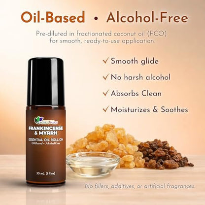 Weihrauch & Myrrhe Ätherisches Öl Roll-On, 30 ml (1 fl oz) – Verdünntes Aromatherapie-Rollerball in fraktioniertem Kokosöl (FCO) – Alkoholfreier Puls-Punkt-Ölroller