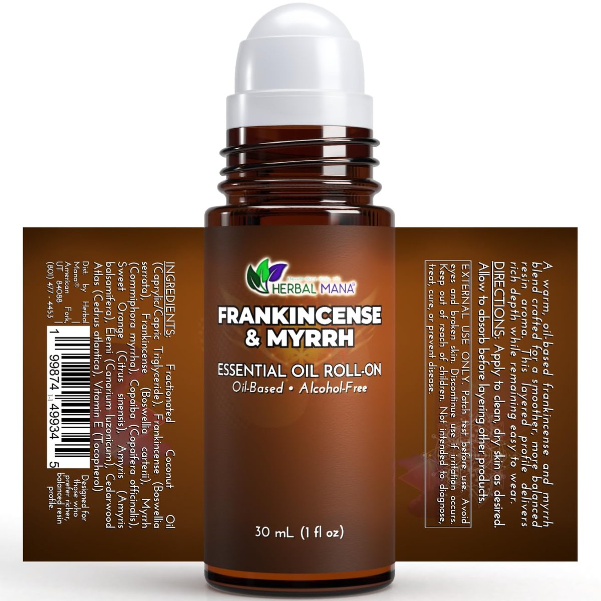 Weihrauch & Myrrhe Ätherisches Öl Roll-On, 30 ml (1 fl oz) – Verdünntes Aromatherapie-Rollerball in fraktioniertem Kokosöl (FCO) – Alkoholfreier Puls-Punkt-Ölroller
