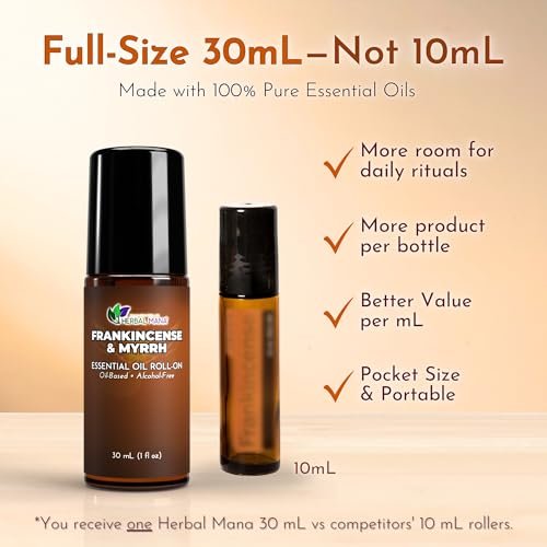 Weihrauch & Myrrhe Ätherisches Öl Roll-On, 30 ml (1 fl oz) – Verdünntes Aromatherapie-Rollerball in fraktioniertem Kokosöl (FCO) – Alkoholfreier Puls-Punkt-Ölroller