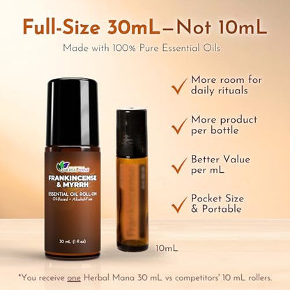 Weihrauch & Myrrhe Ätherisches Öl Roll-On, 30 ml (1 fl oz) – Verdünntes Aromatherapie-Rollerball in fraktioniertem Kokosöl (FCO) – Alkoholfreier Puls-Punkt-Ölroller