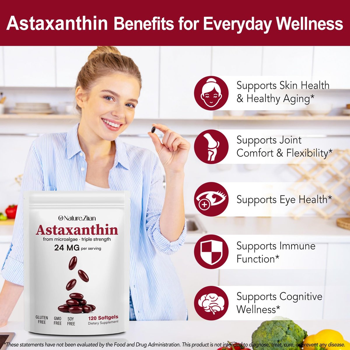 O NATURE . ZIRAN Astaxanthin Kapseln 24 mg – Antioxidans für Augen-, Gelenk- und Hautgesundheit | 4-Monats-Vorrat | 120 Weichkapseln