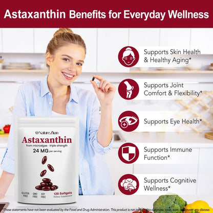 O NATURE . ZIRAN Astaxanthin Kapseln 24 mg – Antioxidans für Augen-, Gelenk- und Hautgesundheit | 4-Monats-Vorrat | 120 Weichkapseln