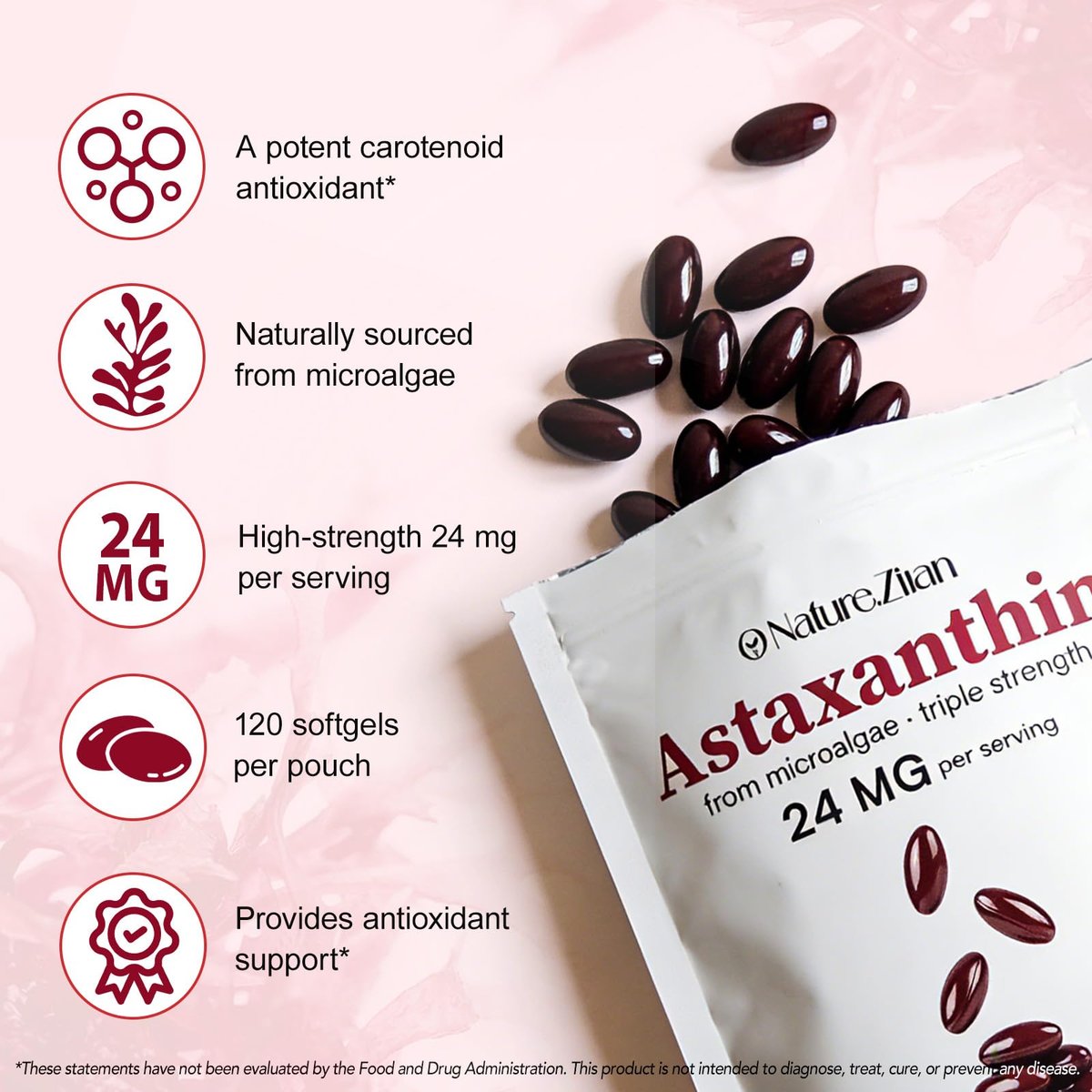 O NATURE . ZIRAN Astaxanthin Kapseln 24 mg – Antioxidans für Augen-, Gelenk- und Hautgesundheit | 4-Monats-Vorrat | 120 Weichkapseln