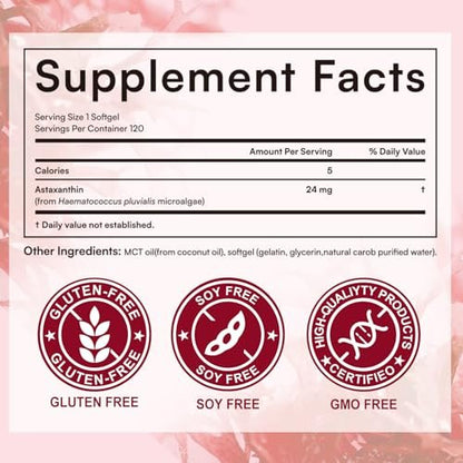 O NATURE . ZIRAN Astaxanthin Kapseln 24 mg – Antioxidans für Augen-, Gelenk- und Hautgesundheit | 4-Monats-Vorrat | 120 Weichkapseln