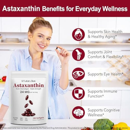O NATURE . ZIRAN Astaxanthin Kapseln 24 mg – Antioxidans für Augen-, Gelenk- und Hautgesundheit | 4-Monats-Vorrat | 120 Weichkapseln