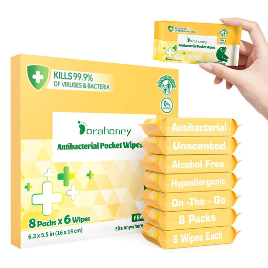 Dorahoney Reise Antibakterielle Handtücher, 99% Wasser Handdesinfektionstücher, sicher für empfindliche Haut & hypoallergen, 48 Stück (8 Packungen à 6)