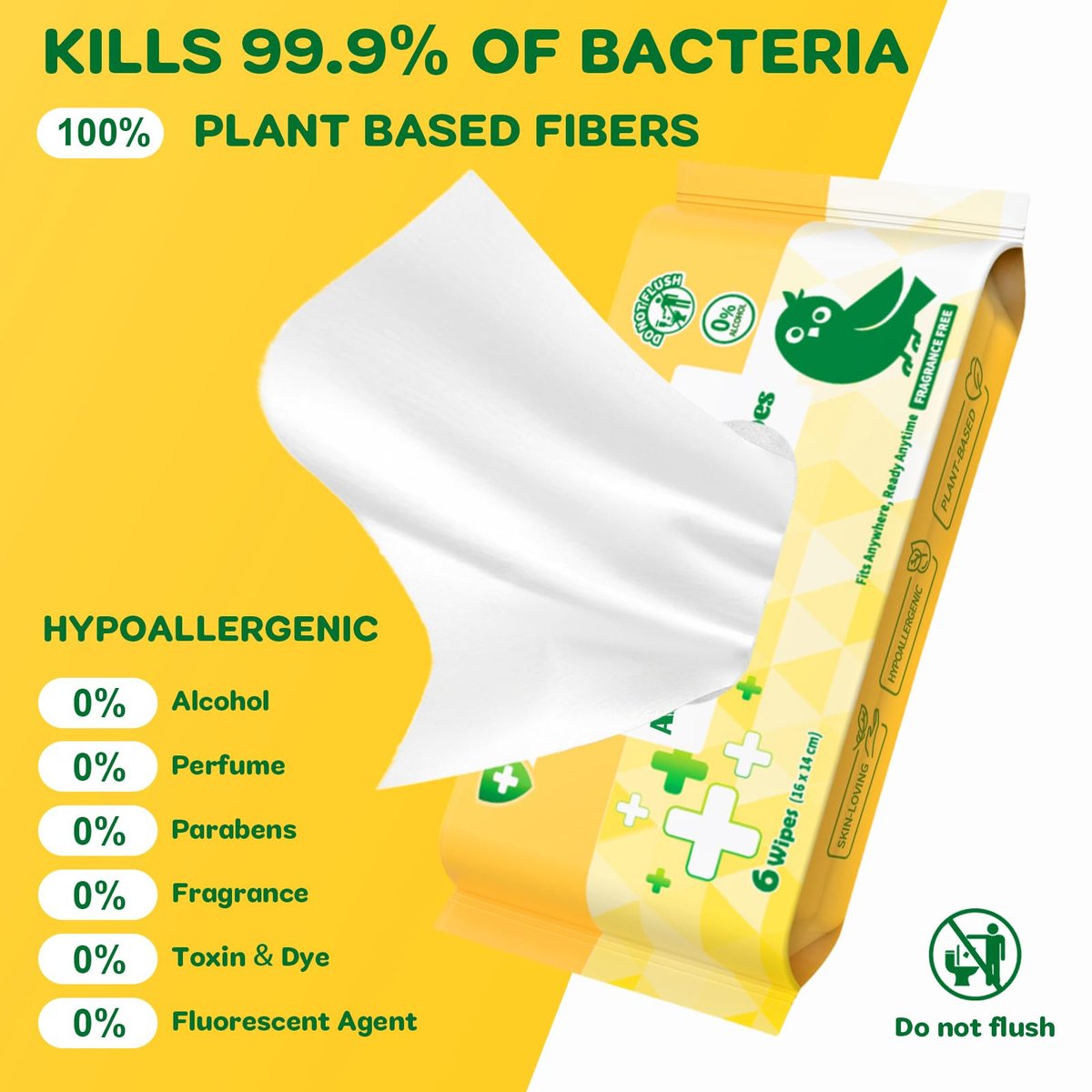 Dorahoney Reise Antibakterielle Handtücher, 99% Wasser Handdesinfektionstücher, sicher für empfindliche Haut & hypoallergen, 48 Stück (8 Packungen à 6)