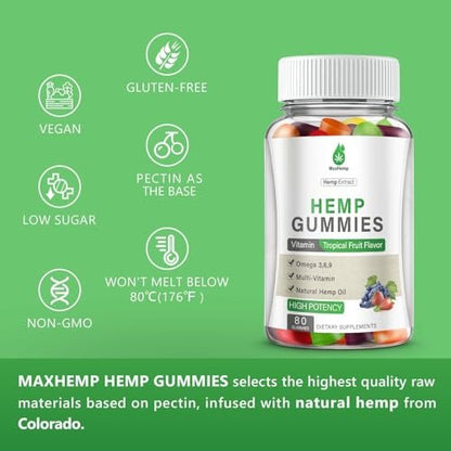 MaxHemp Hanf-Gummis für Schlaf, Schmerzen, Angst, Ruhe & Entspannung - Hochwirksame natürliche Hanföl-Gummis - Natürliche fruchtige Bären-Hanf-Gummis für Erwachsene, vegan - 80 Stück