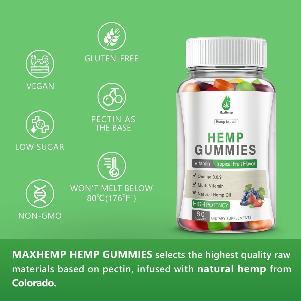 MaxHemp Hanf-Gummis für Schlaf, Schmerzen, Angst, Ruhe & Entspannung - Hochwirksame natürliche Hanföl-Gummis - Natürliche fruchtige Bären-Hanf-Gummis für Erwachsene, vegan - 80 Stück