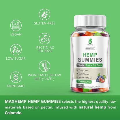 MaxHemp Hanf-Gummis für Schlaf, Schmerzen, Angst, Ruhe & Entspannung - Hochwirksame natürliche Hanföl-Gummis - Natürliche fruchtige Bären-Hanf-Gummis für Erwachsene, vegan - 80 Stück