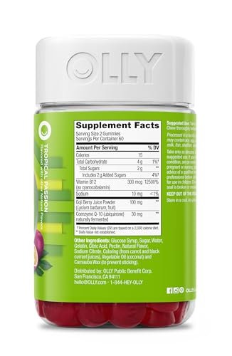 OLLY Daily Energy Gummy – Koffeinfreie Zellenergie mit Vitamin B12, CoQ10 & Goji-Beere, Tropical Passion Geschmack, 60 Tage Vorrat (120 Stück)