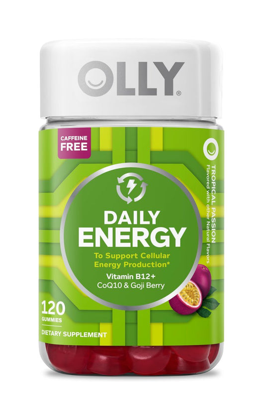 OLLY Daily Energy Gummy – Koffeinfreie Zellenergie mit Vitamin B12, CoQ10 & Goji-Beere, Tropical Passion Geschmack, 60 Tage Vorrat (120 Stück)